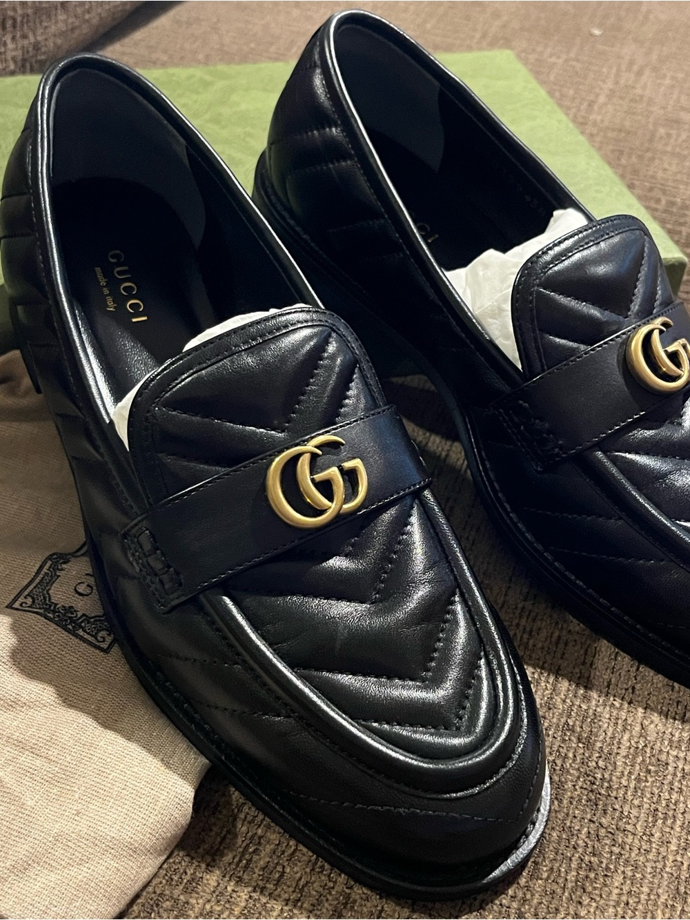 Gucci Black Quilted Leather GG Logo Loafers